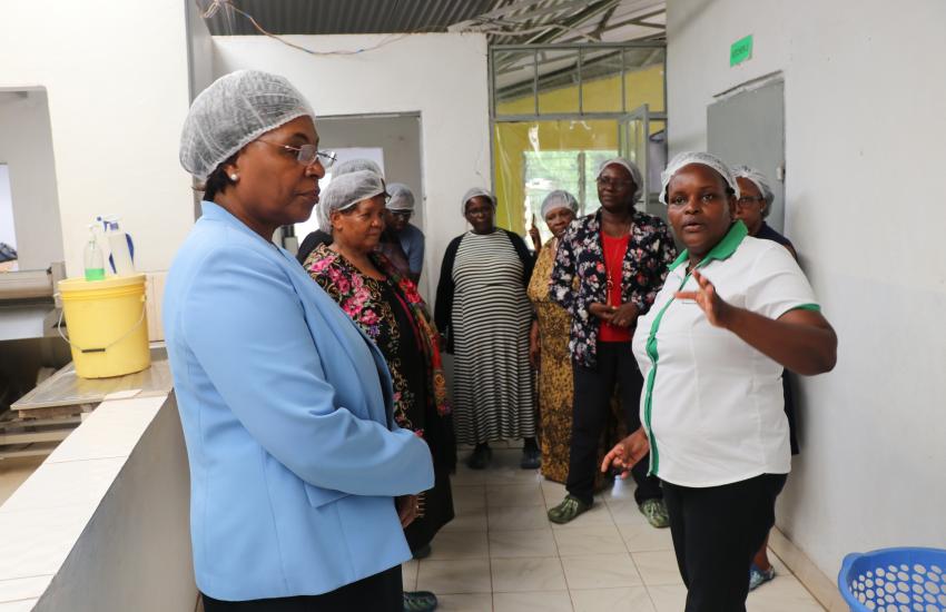 Ms. Mercy Mwende takes WEE Hub team around Sweet and Dried processing plant