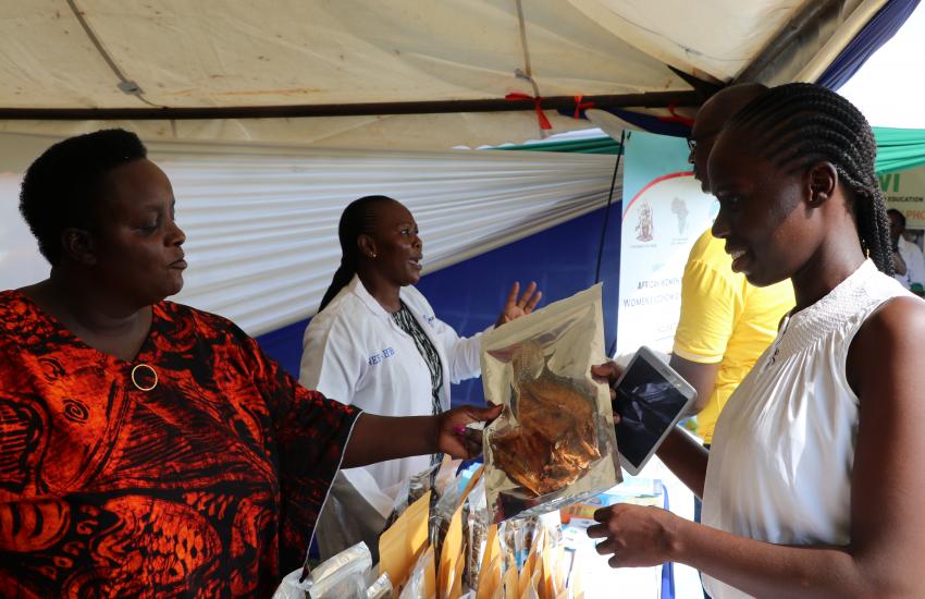Participants of the women's business incubation project display their products
