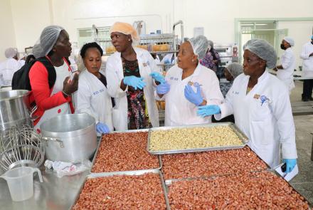 KIRDI representative explains value addition process to WEE Hub's Emilly Owiti